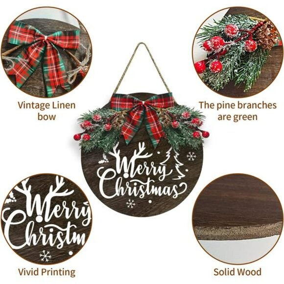 Merry Christmas Welcome Hanging Welcome Sign, Round Wooden Christmas Sign - Picture 6 of 6